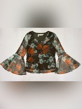*Has HOLE* Y2K Brown Turquoise Floral Mesh Sheer Bell Sleeve Fairy Grunge Top M